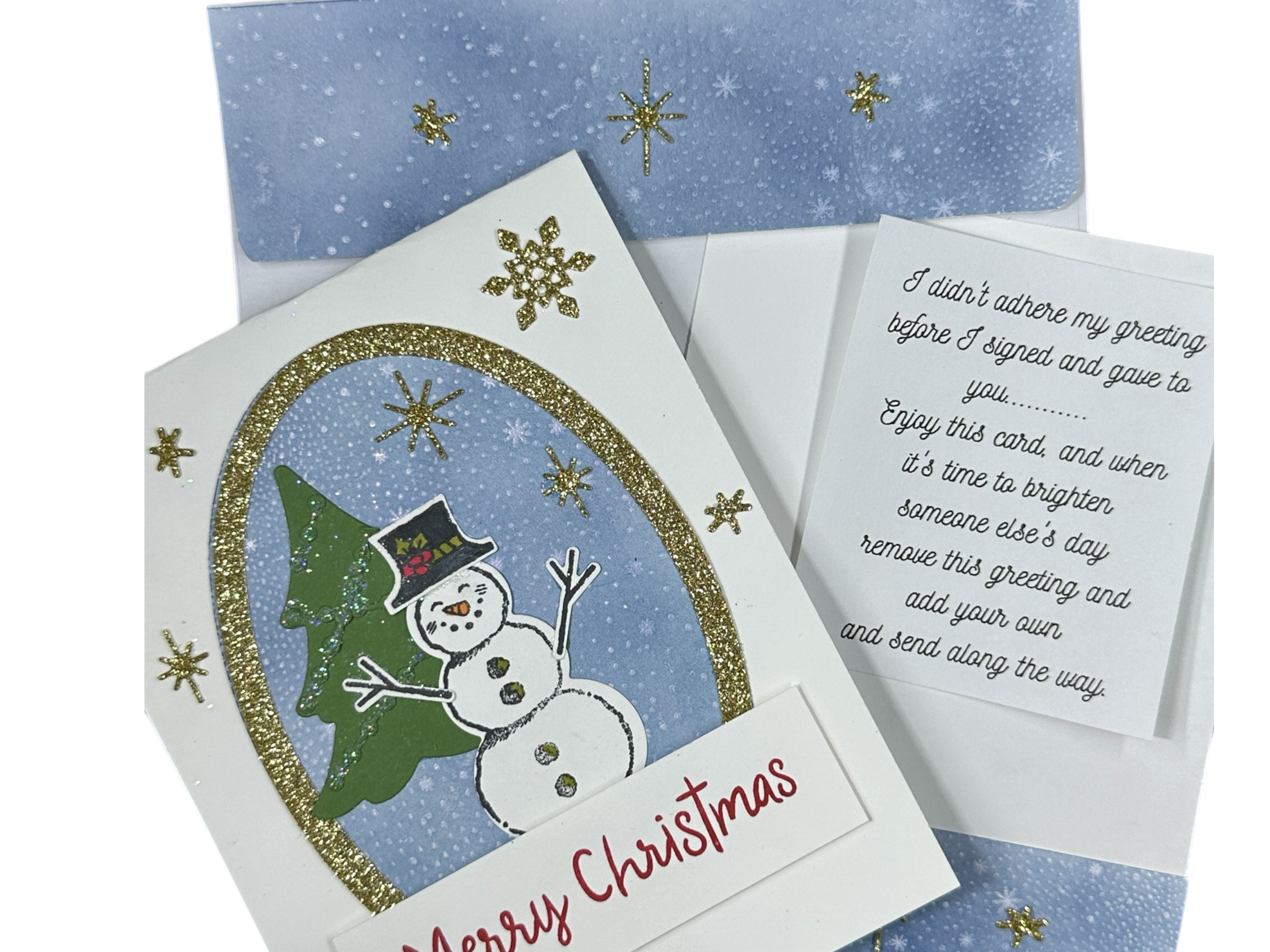 Snowman Christmas Card with Glittery Gold Snowflakes and Festive Design