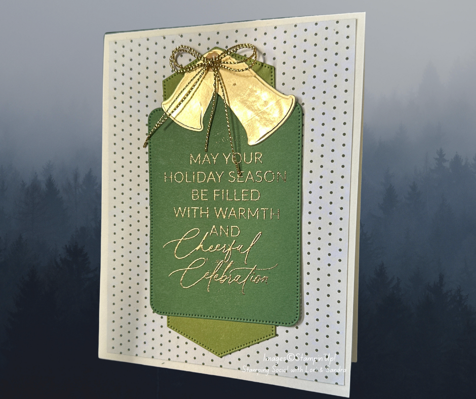 Elegant Christmas Card with Gold Foil Bells | Holiday Card with Embossed Green Banner