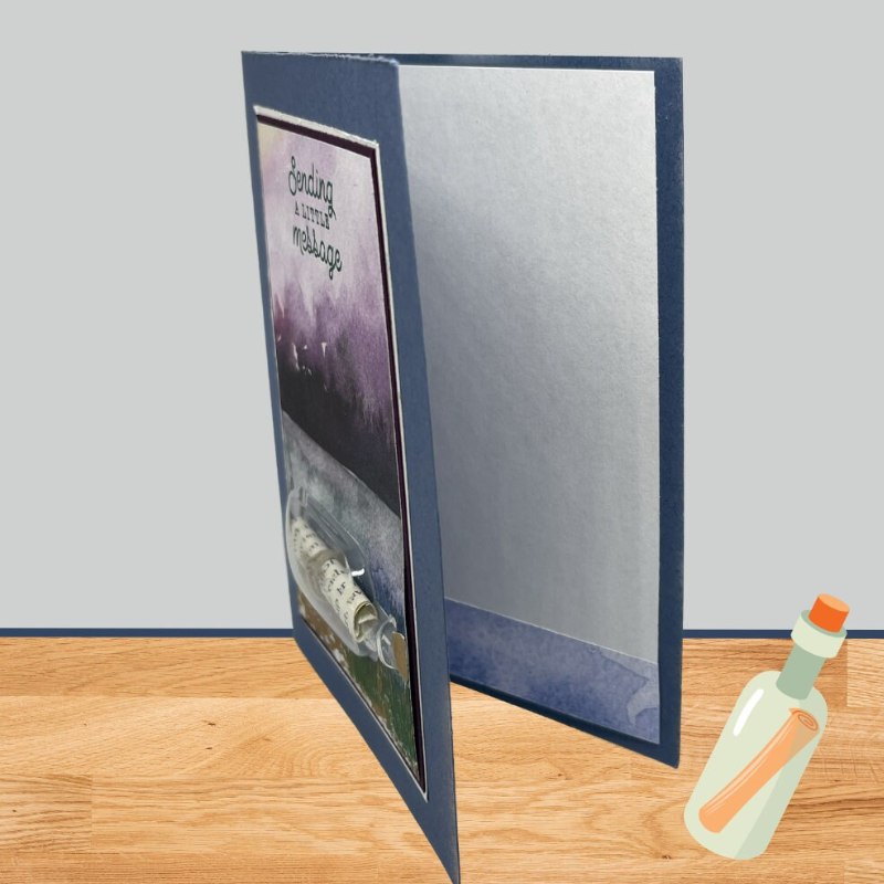 Sending a little message in card that has a 3D message in a bottle. Mountain and lake background