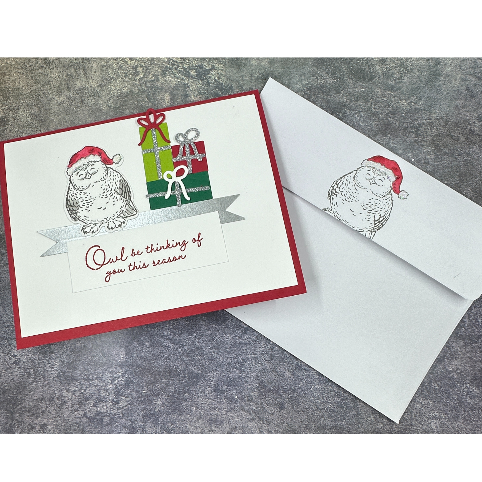 Charming Christmas Owl Greeting Card, Festive Holiday Card with Gifts, Cute Owl Christmas Wishes