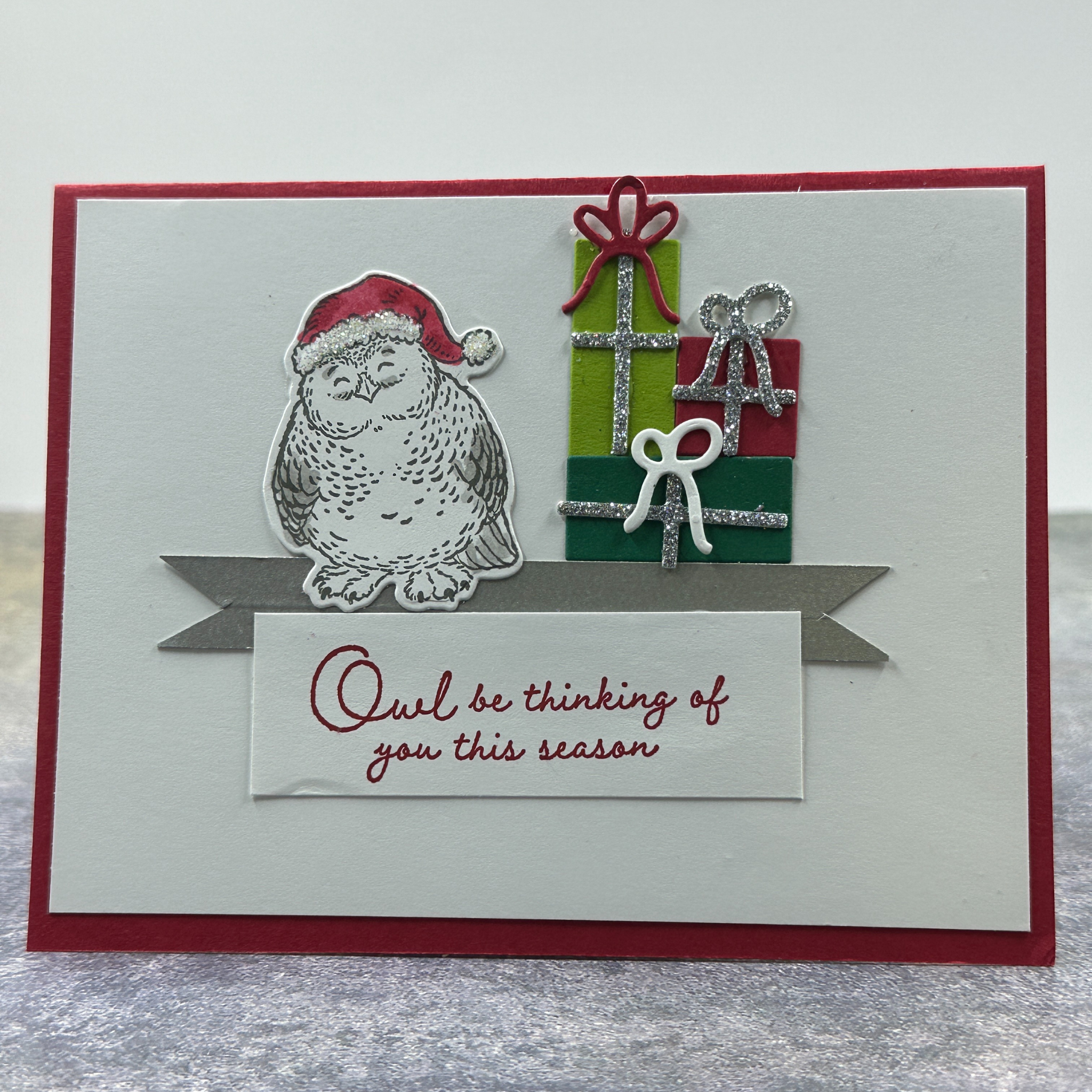 Charming Christmas Owl Greeting Card, Festive Holiday Card with Gifts, Cute Owl Christmas Wishes