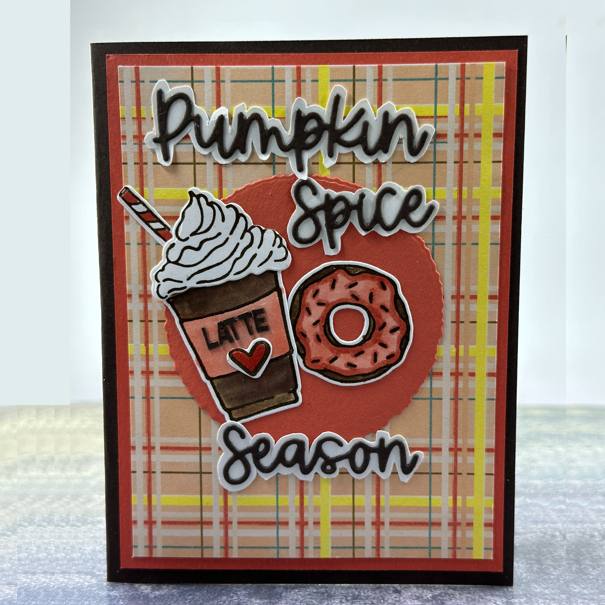 Plaid Fall Greeting Card with Latte and Donut – Pumpkin Pie Season – Perfect Autumn Card