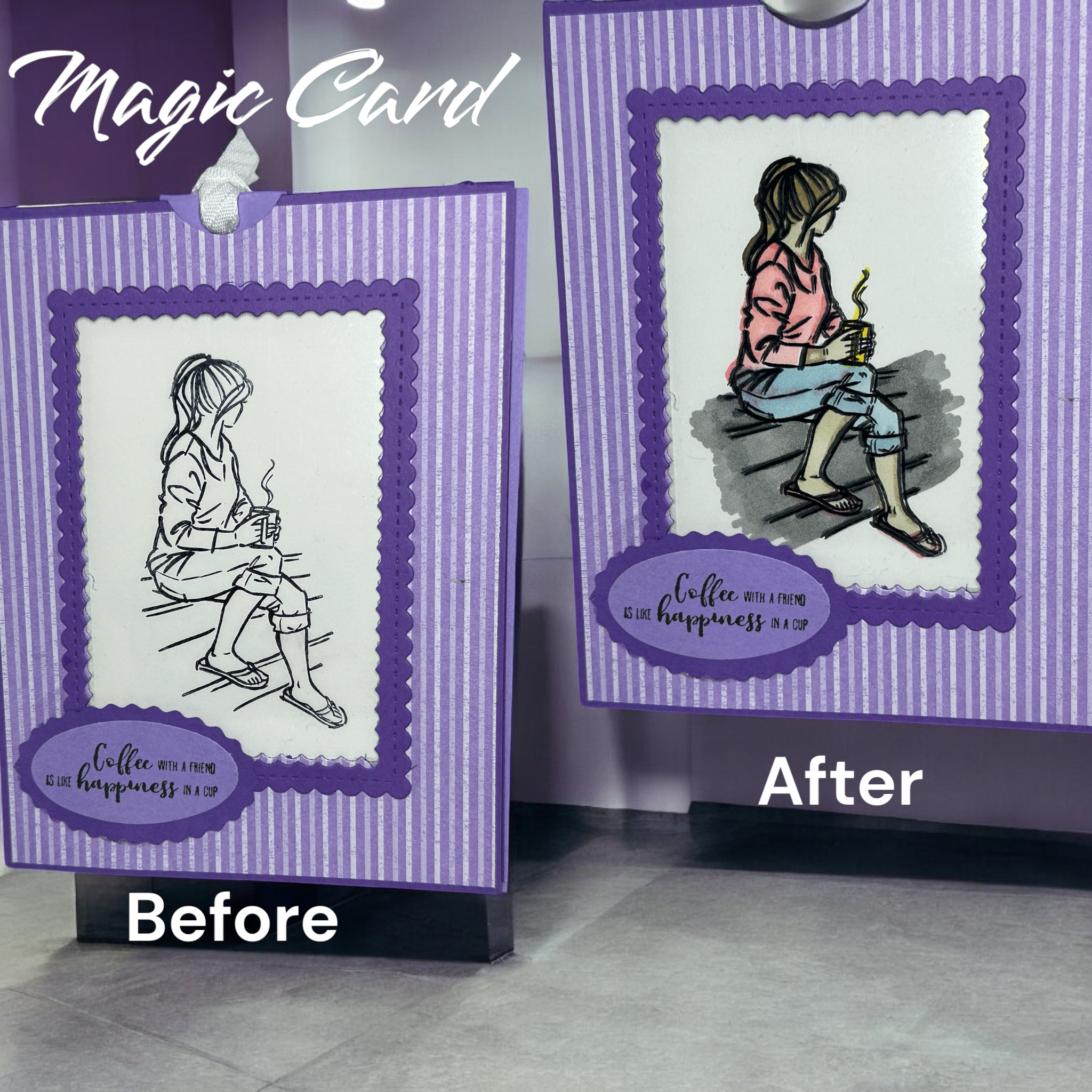 Magic Reveal Card with Pull-Tab | Handmade Color-Changing Card Featuring Girl with Coffee