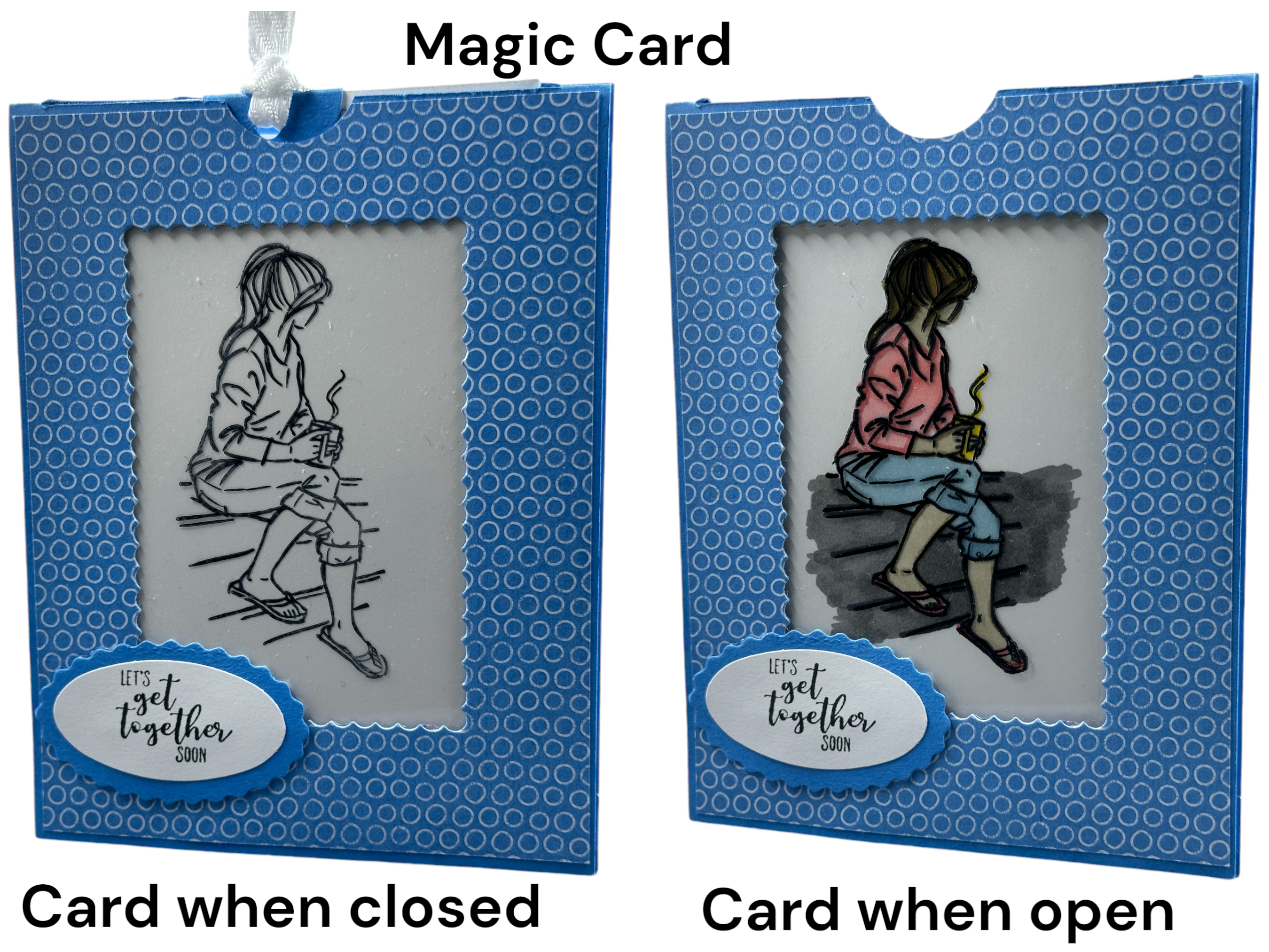 Handmade Color-Changing Card Featuring Girl with Coffee | Magic Reveal Card with Pull-Tab