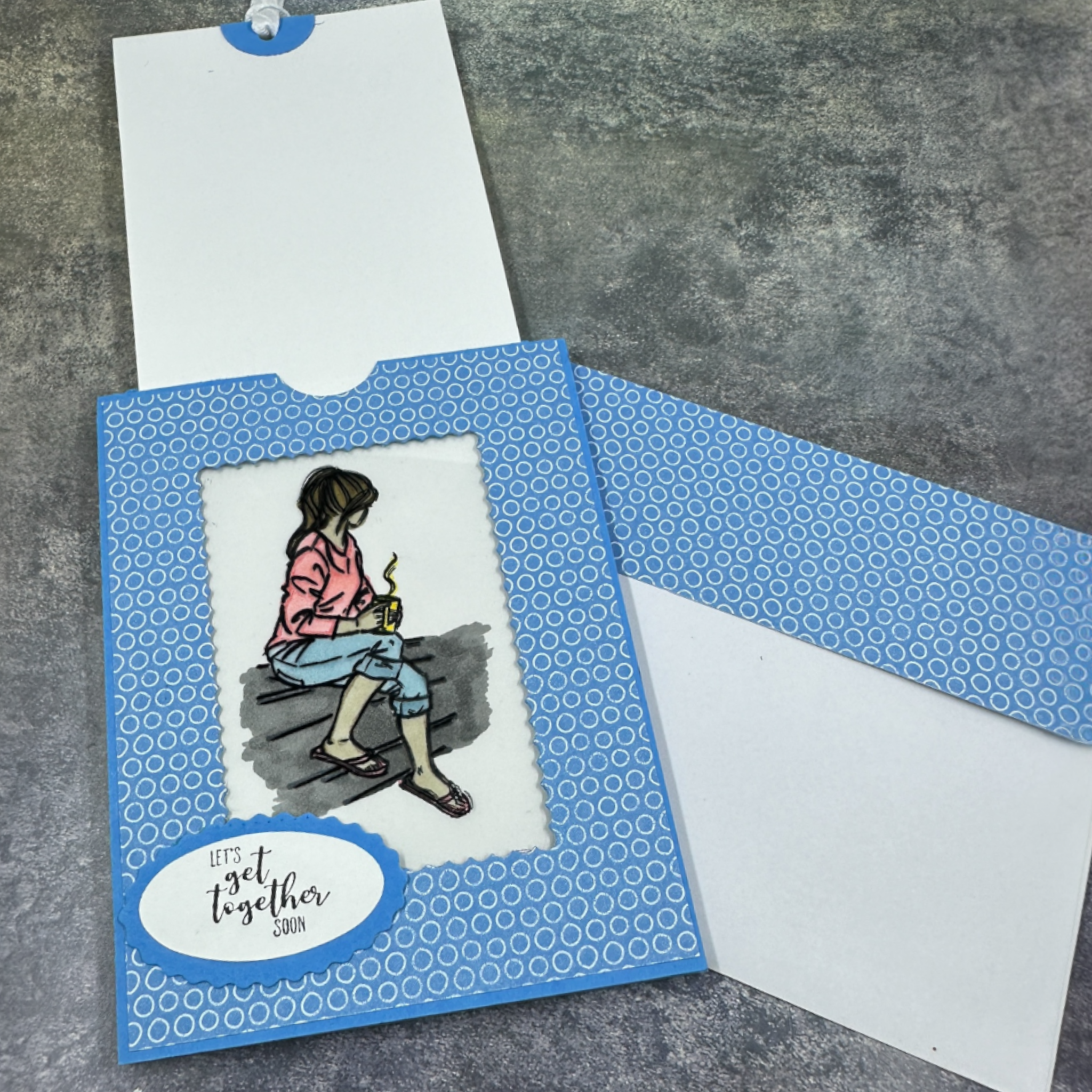 Handmade Color-Changing Card Featuring Girl with Coffee | Magic Reveal Card with Pull-Tab