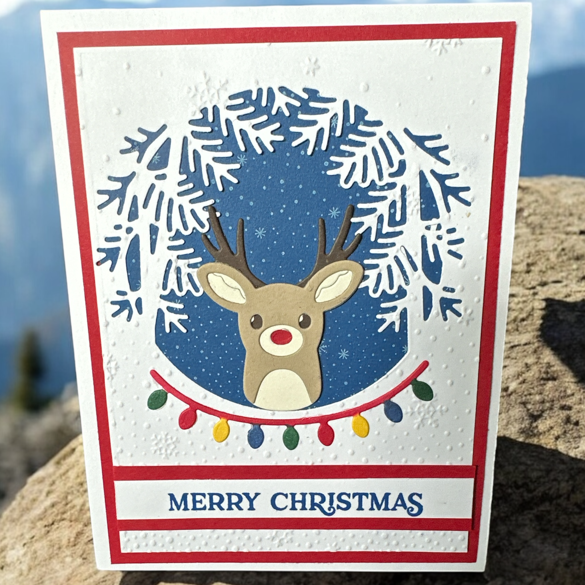 Christmas Greeting Card with Reindeer and Wreath | Festive Card with Holiday Lights | Merry Christmas Card