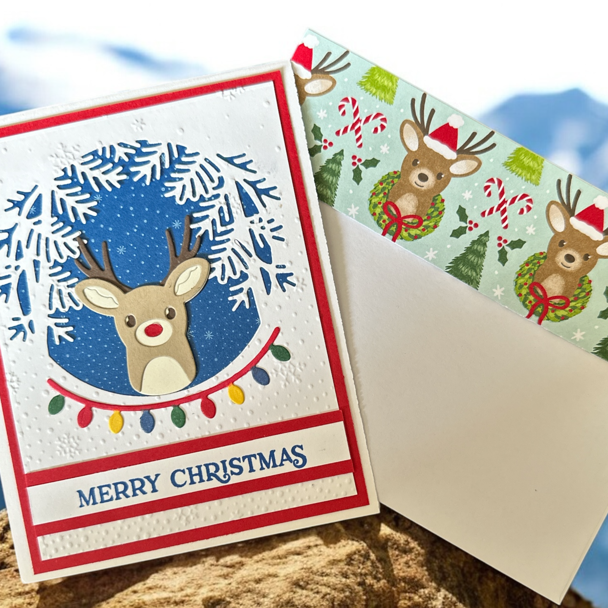 Christmas Greeting Card with Reindeer and Wreath | Festive Card with Holiday Lights | Merry Christmas Card