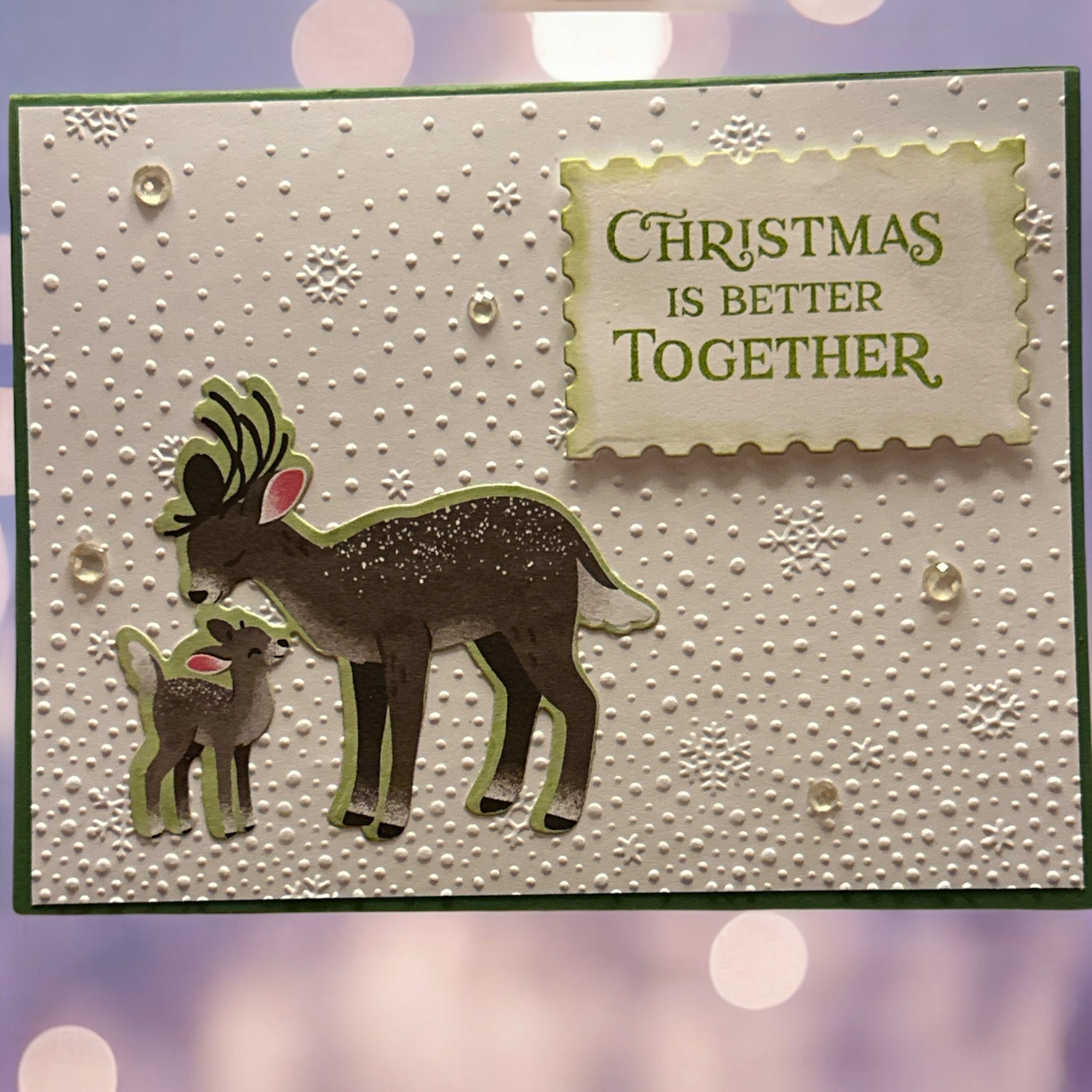 Elegant Christmas Card with Mama and Baby Deer, Embossed Snowflakes, Holiday Greetings