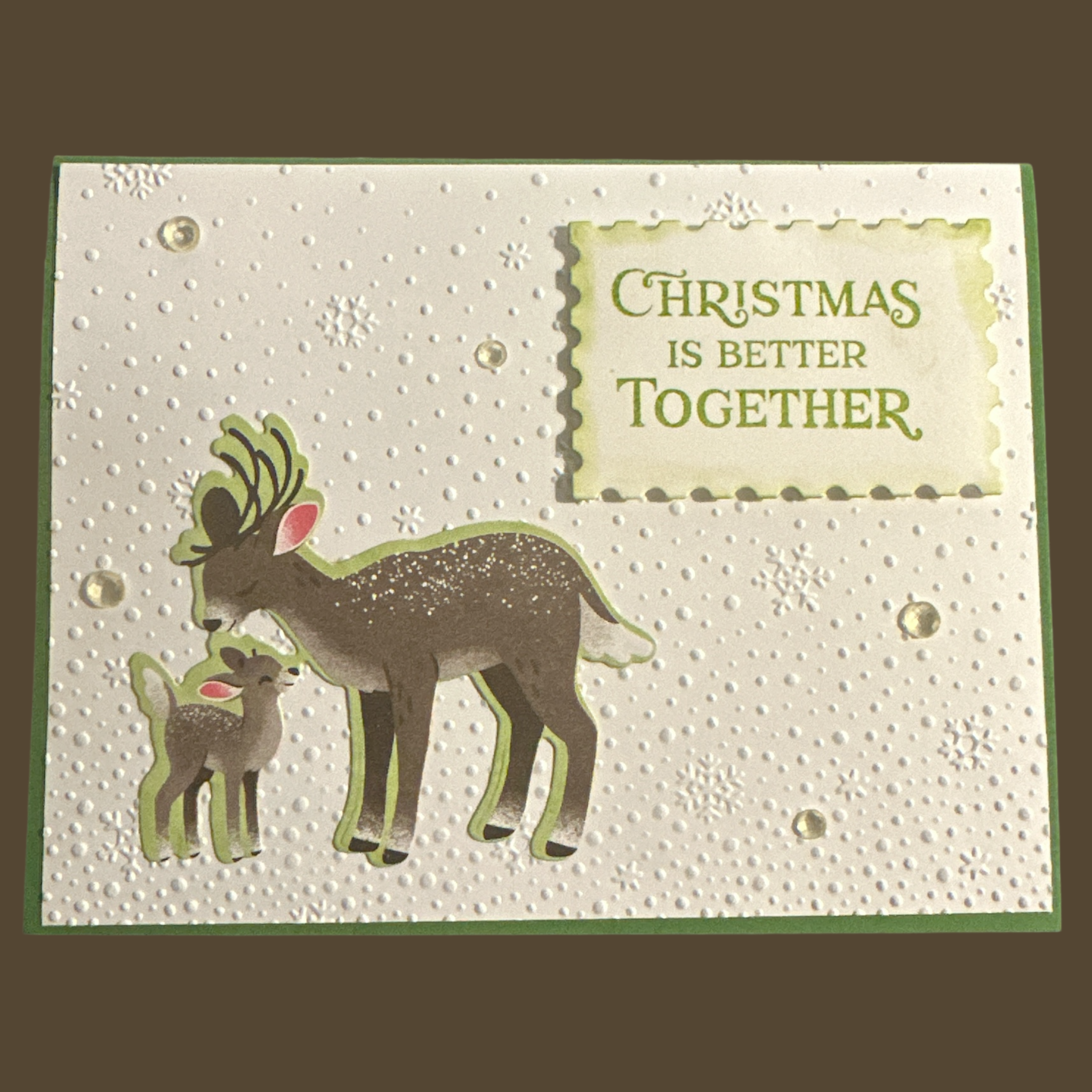 Elegant Christmas Card with Mama and Baby Deer, Embossed Snowflakes, Holiday Greetings