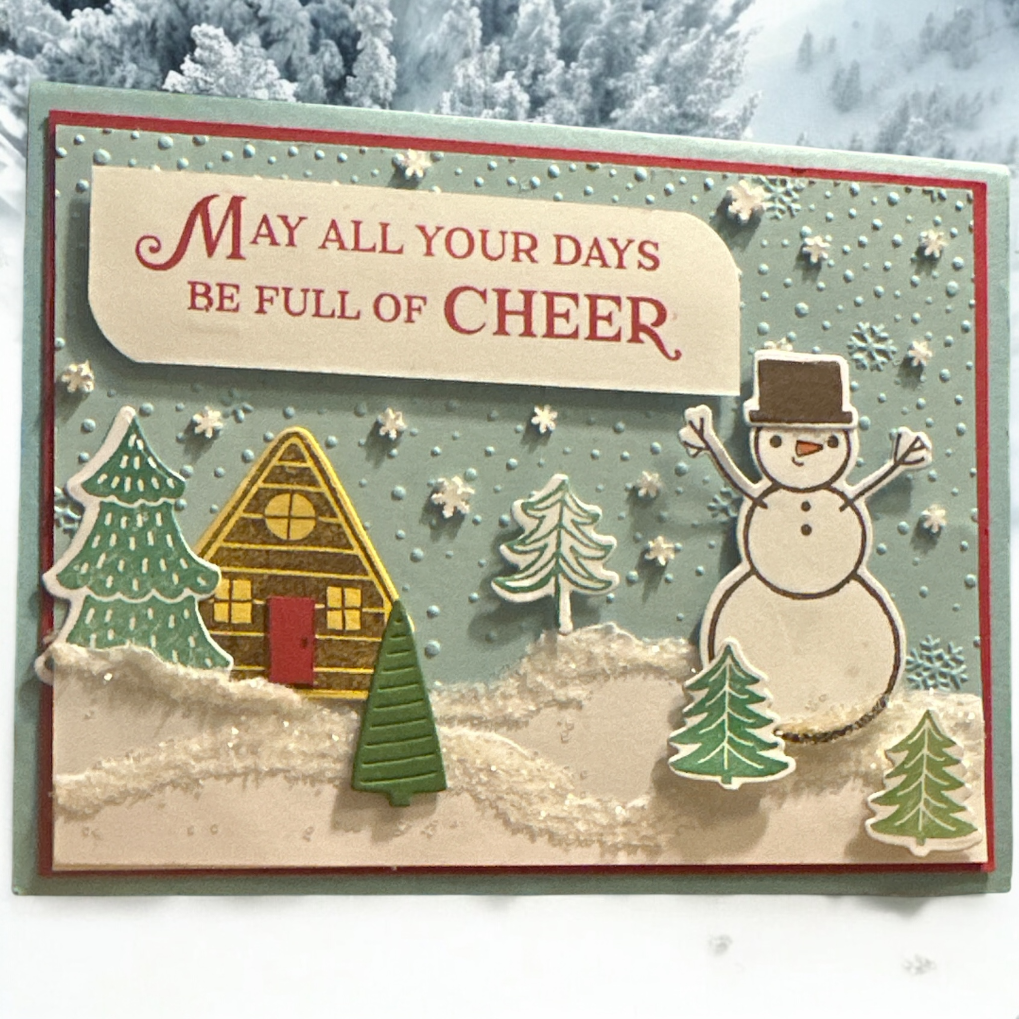 Snowman Christmas Card with Welcoming Home, Snowy Winter Scene, Holiday Cheer