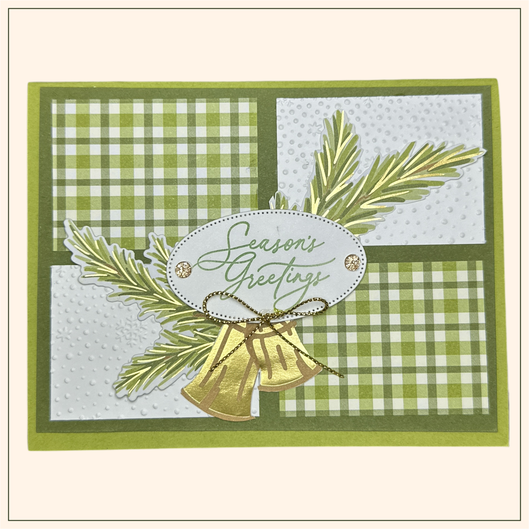 Christmas Card with Green Plaid, Gold Bells, and Snow Embossed Details