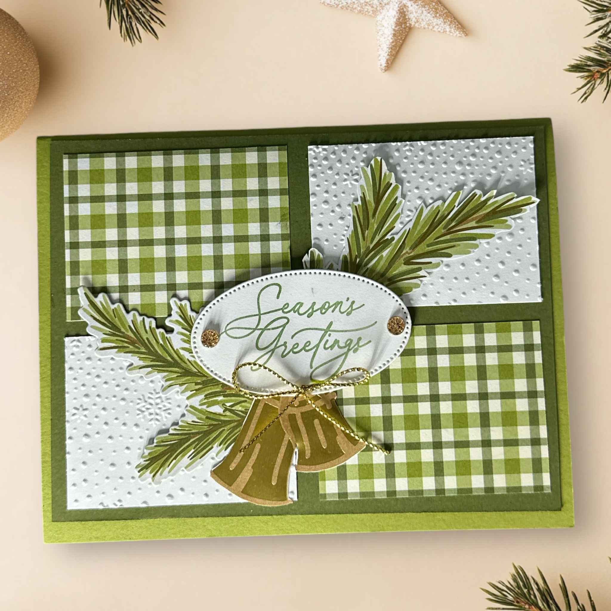 Christmas Card with Green Plaid, Gold Bells, and Snow Embossed Details