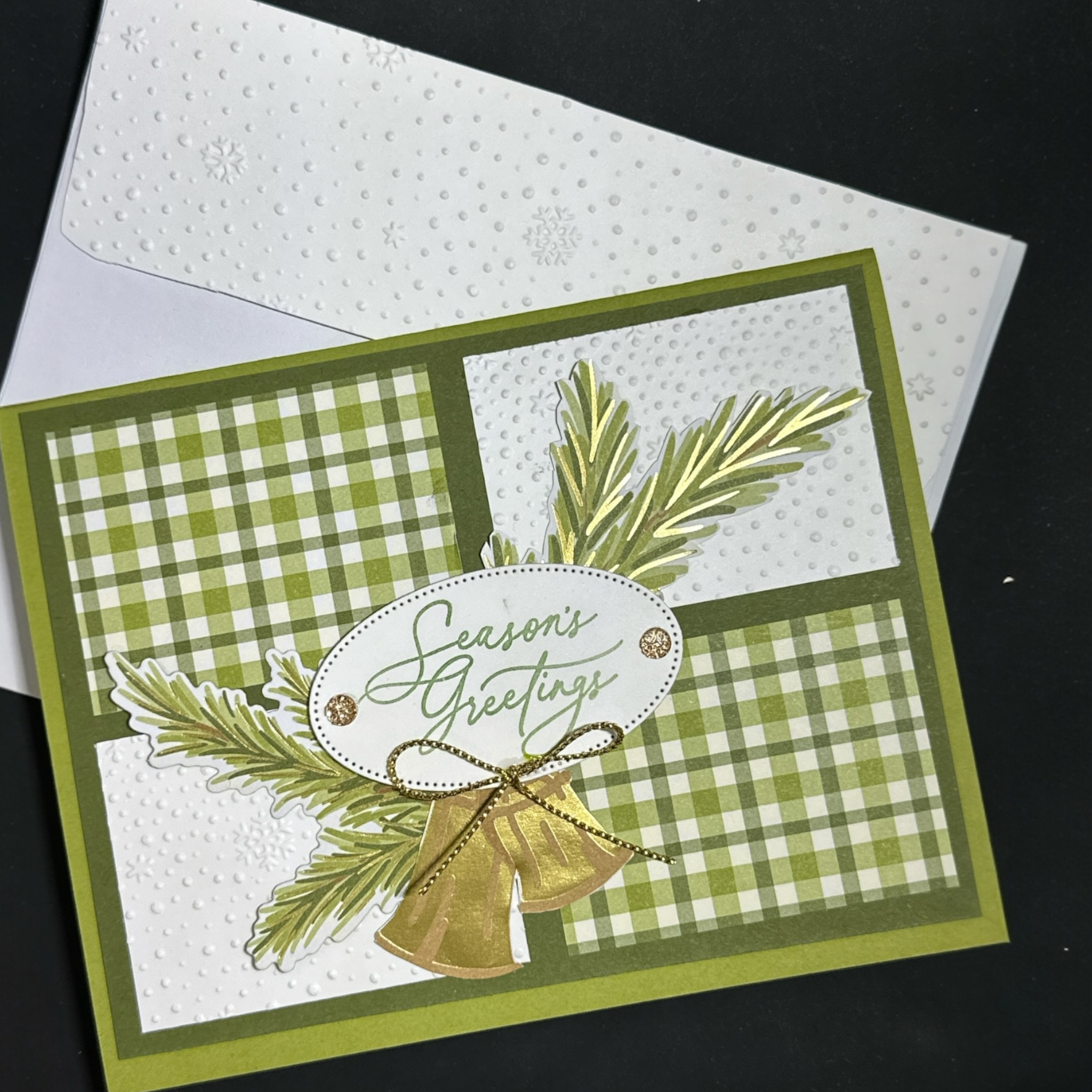 Christmas Card with Green Plaid, Gold Bells, and Snow Embossed Details