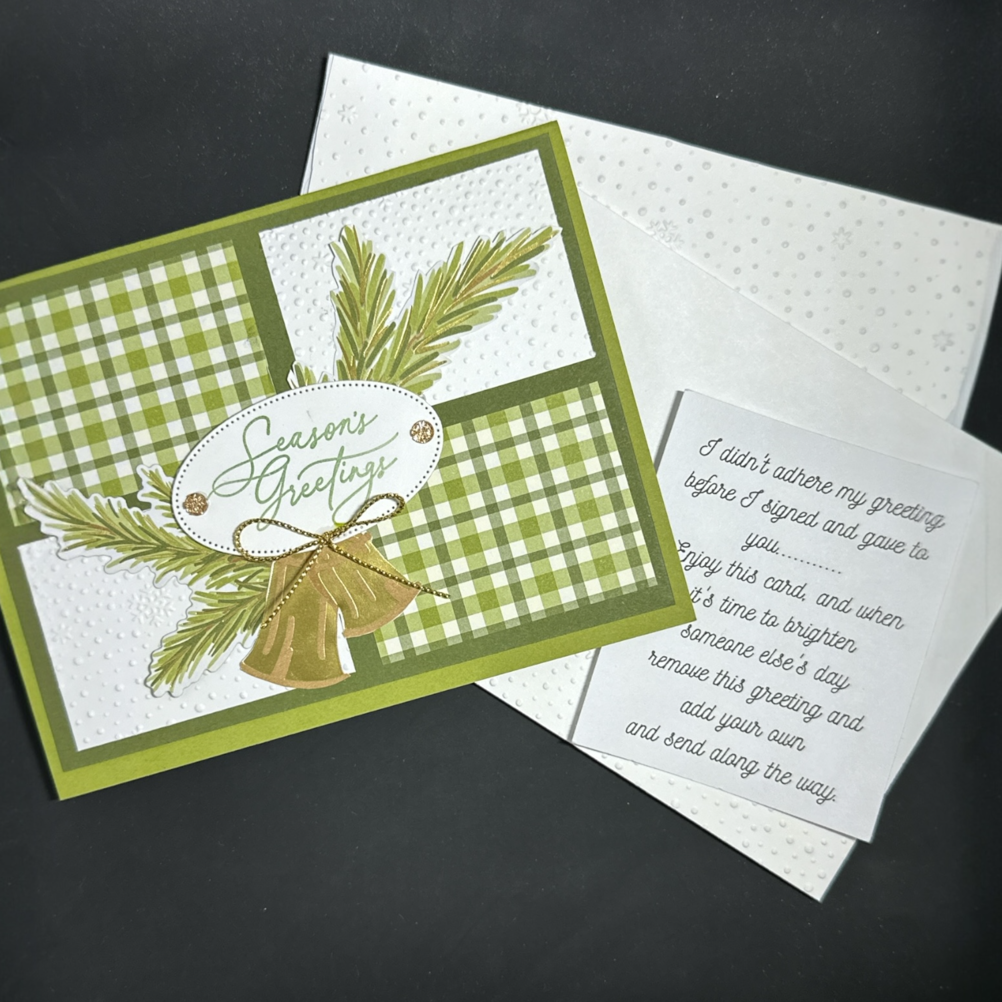 Christmas Card with Green Plaid, Gold Bells, and Snow Embossed Details