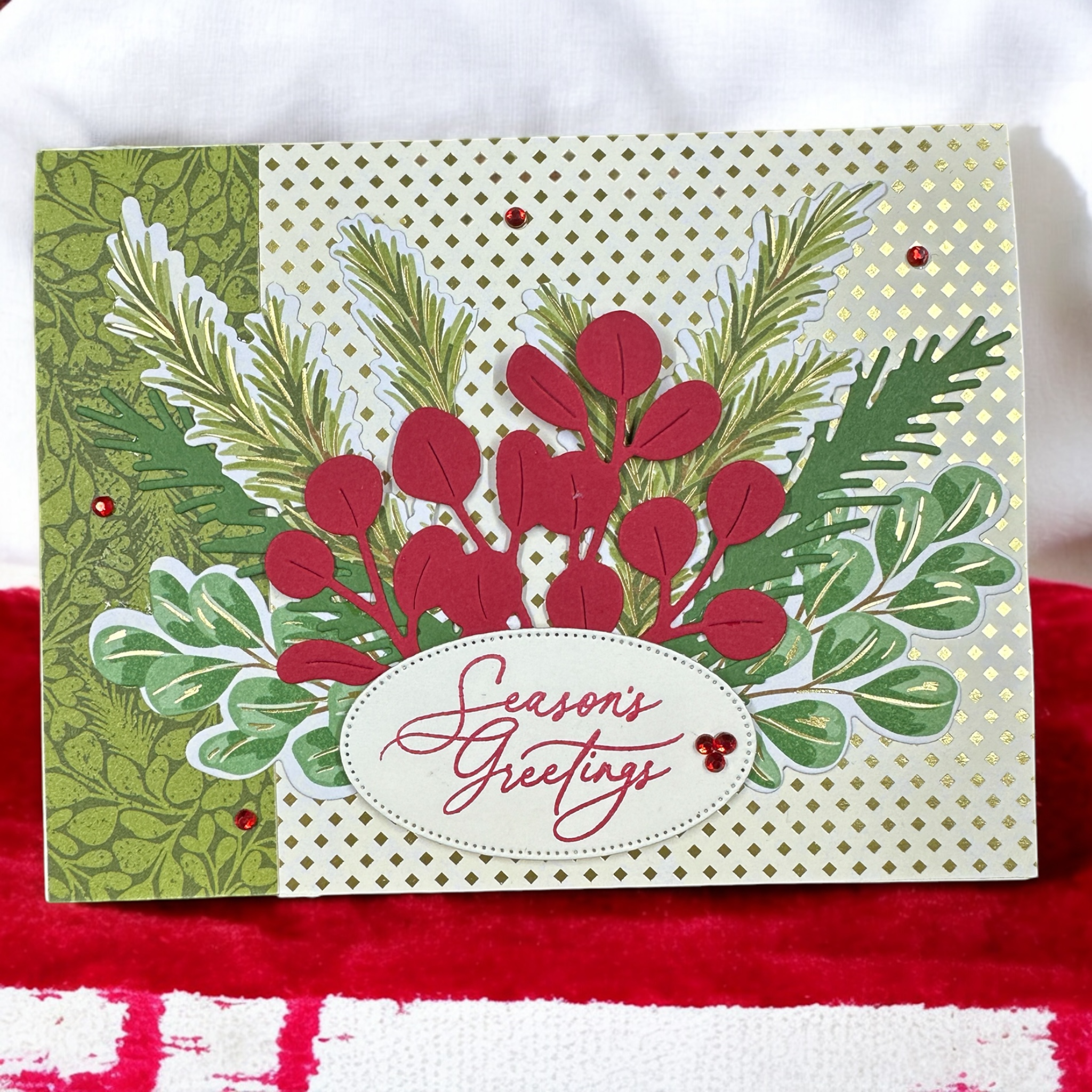 Elegant Christmas Card with Green Ferns & Red Leaves, Metallic Accents, Seasons Greetings