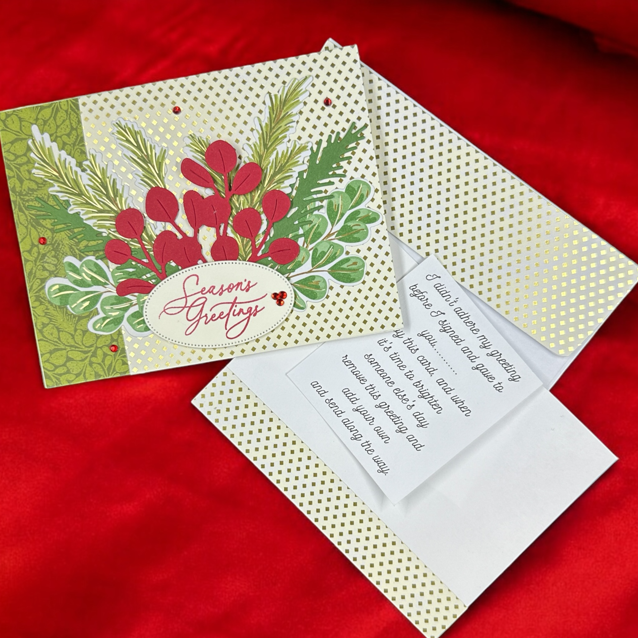 Elegant Christmas Card with Green Ferns & Red Leaves, Metallic Accents, Seasons Greetings