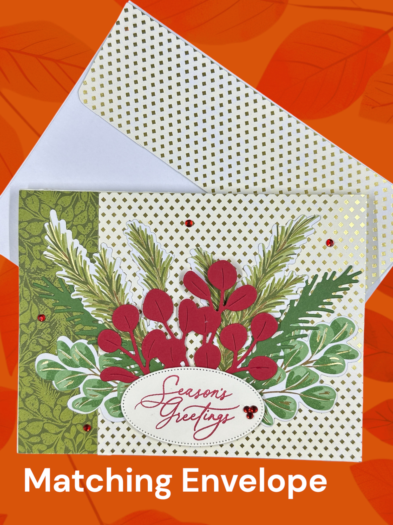 Elegant Christmas Card with Green Ferns & Red Leaves, Metallic Accents, Seasons Greetings