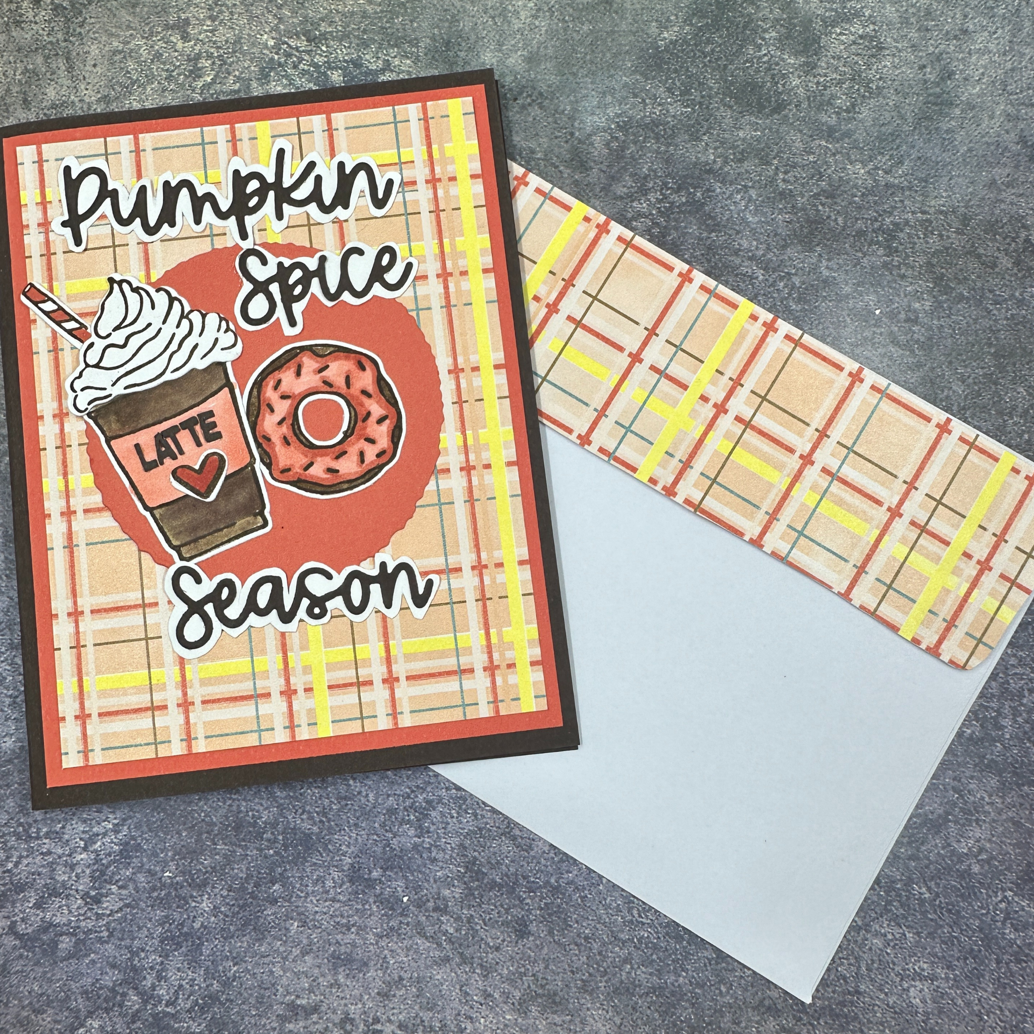 Plaid Fall Greeting Card with Latte and Donut – Pumpkin Pie Season – Perfect Autumn Card