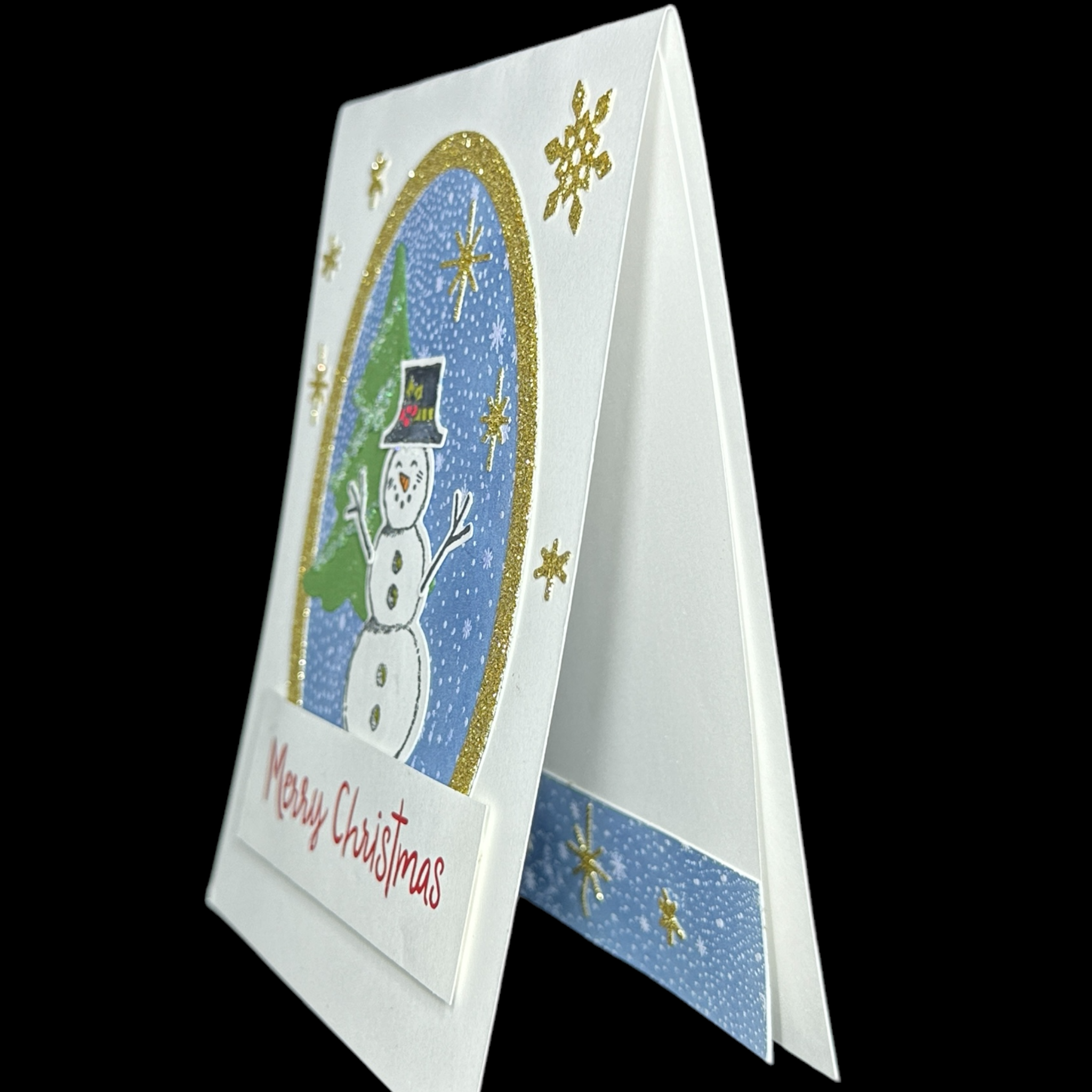 Snowman Christmas Card with Glittery Gold Snowflakes and Festive Design