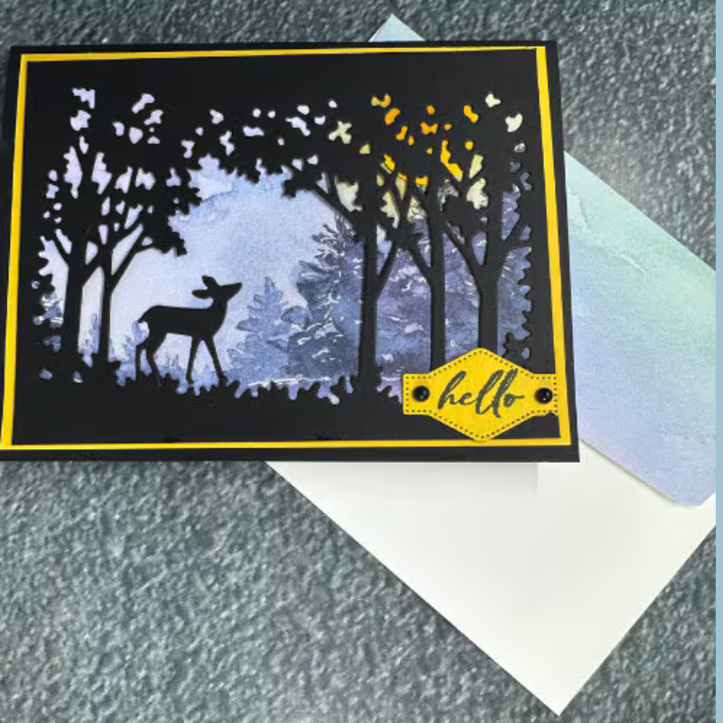 Beautiful Deer Silhouette Card - "Hello" - Forest and Sunset Design - Handmade Greeting